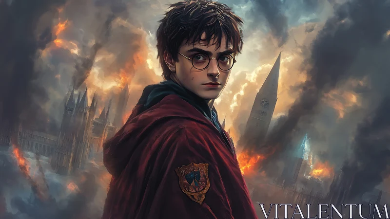 Storm-eyed young wizard amid burning gothic battlements.