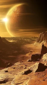 Rocky extraterrestrial landscape with large cratered planet.