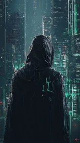 Hooded codewalker listens to the neon city whisper back