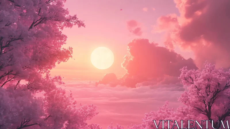 Pink cherry blossom clouds frame luminous pastel sunset sky