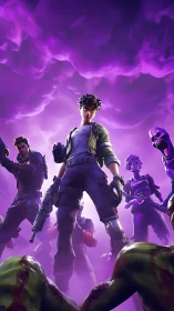 Stylized squad stands against purple storm and monsters.