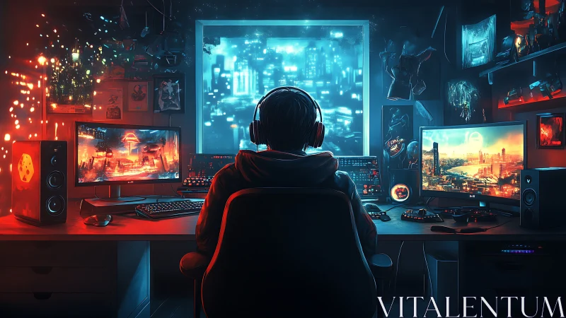 Gamer workstation with triple monitors in neon-lit room.