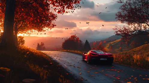 Red supercar glides through cinematic autumn mountain sunset.