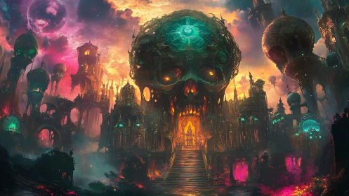 Skull-shaped citadel within luminous alien metropolis.