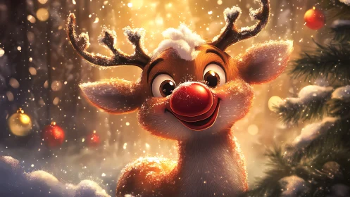 Cartoon reindeer with glowing red nose in golden snowfall.