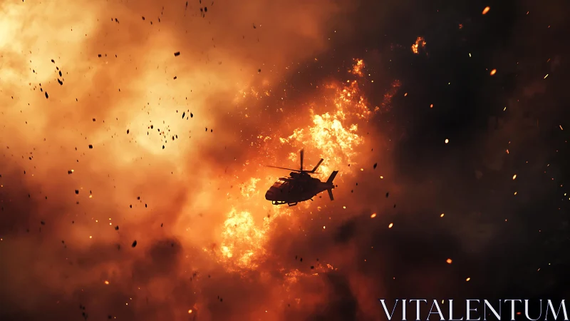 Combat helicopter silhouetted against dense volumetric explosion