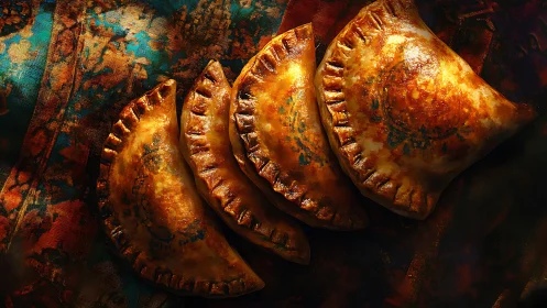 Golden Baked Empanadas on Patterned Cloth.