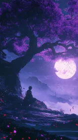 Lone warrior contemplates a vast moonlit fantasy valley