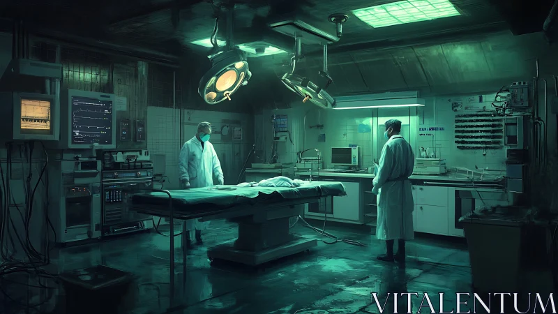 Cyberpunk surgical theater with eerily lit operating table