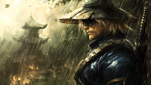 Lone masked wanderer stands watch in storm swept temple rain