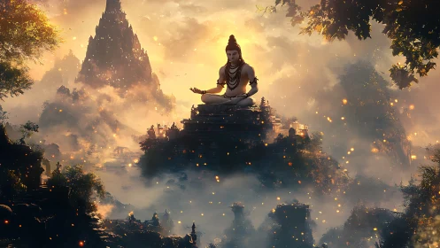Himalayan god meditates above emberlit misty mountain kingdom.