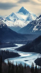 Snow covered mountain peak above frozen winding river valley.