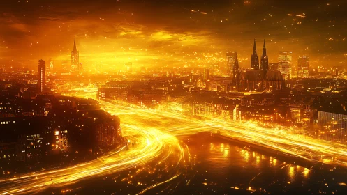 Luminous city skyline glows with streaming golden light trails.