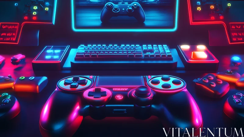 Gaming peripherals arranged before monitor in neon light