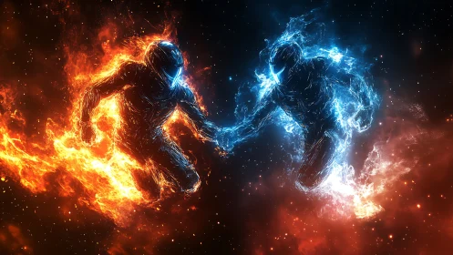 Fire and Ice Collision: Opposing Elemental Forces Clash in Cosmic Space