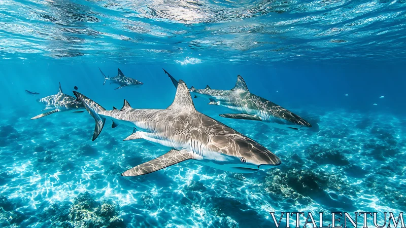 Sharks gliding through sunlit tropical shallows in formation.
