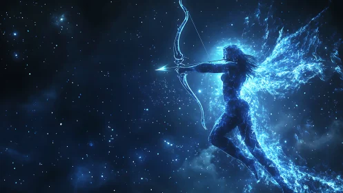 Stellar archer silhouette forming luminous cosmic vector field.