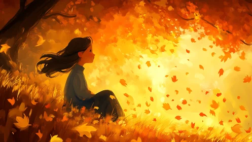 Girl seated under autumn tree amid swirling foliage.