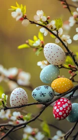 Spring blossoms cradle painted Easter eggs in gentle light.