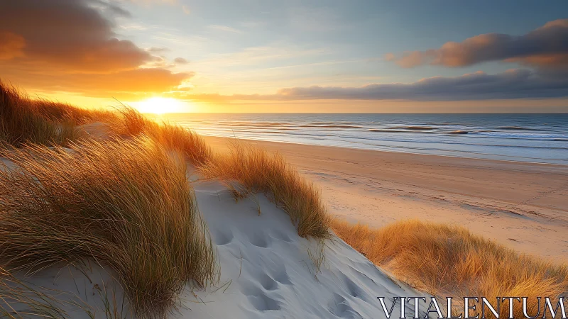 Coastal sand dunes and shoreline are shown at sunset