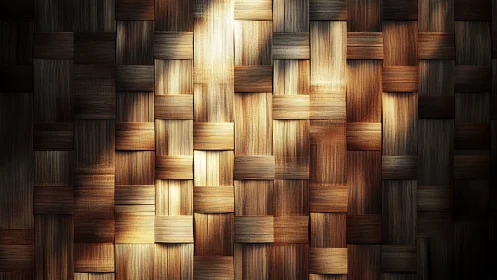 Interlaced wooden panels under warm directional light effect.