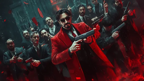 Crimson-coated gunman leading armed syndicate under rainfall