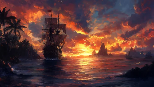 Sailing ship crosses coastal bay under dense sunset clouds
