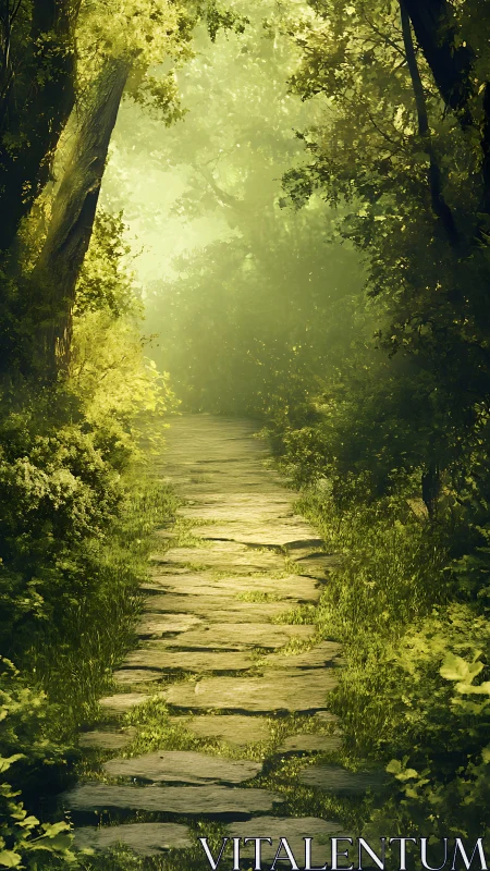 Sunlit Forest Path Through Ancient Trees