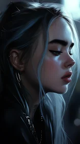 Side-profile digital portrait of moody woman with piercings