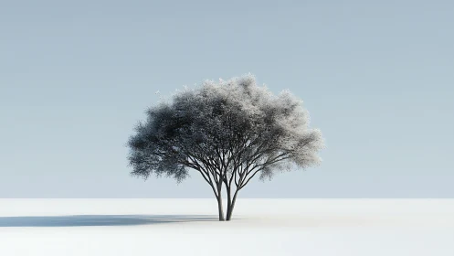 Solitary winter tree stands on minimal snow plain