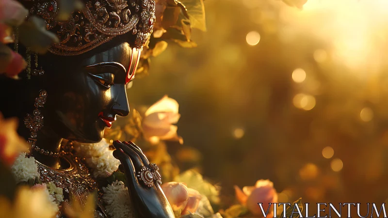 Photorealistic divine sculpture in golden bokeh environment.