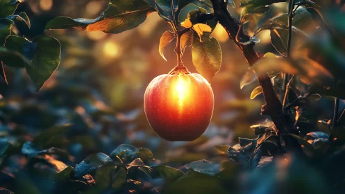 Glowing apple hanging on branch in dense evening orchard