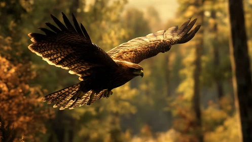 Majestic eagle soaring over autumn forest in golden sunlight, photorealistic.