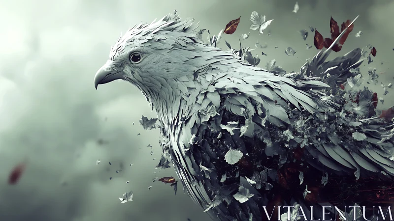 Surreal eagle dissolving into leaves in dramatic digital art style.