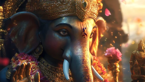 Golden elephant deity in soft festival morning light.