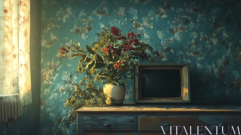 Sunlit bouquet stands beside dusty retro television set