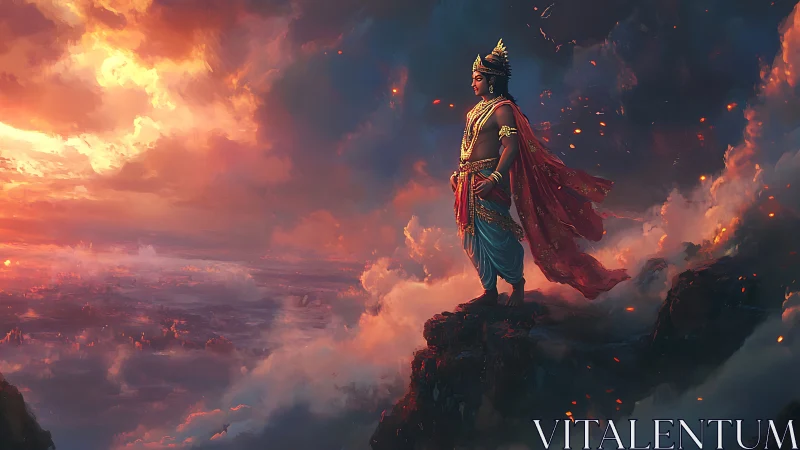 Regal warrior on cliff above glowing clouds at sunset.
