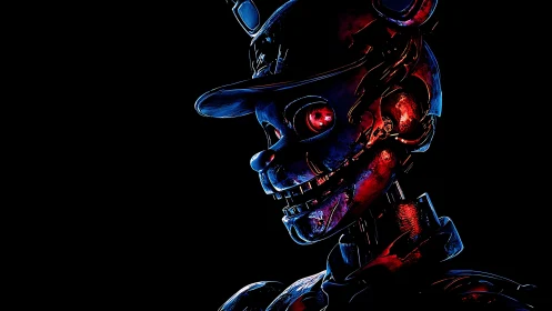 Cyborg bear animatronic in high-contrast neon rim lighting