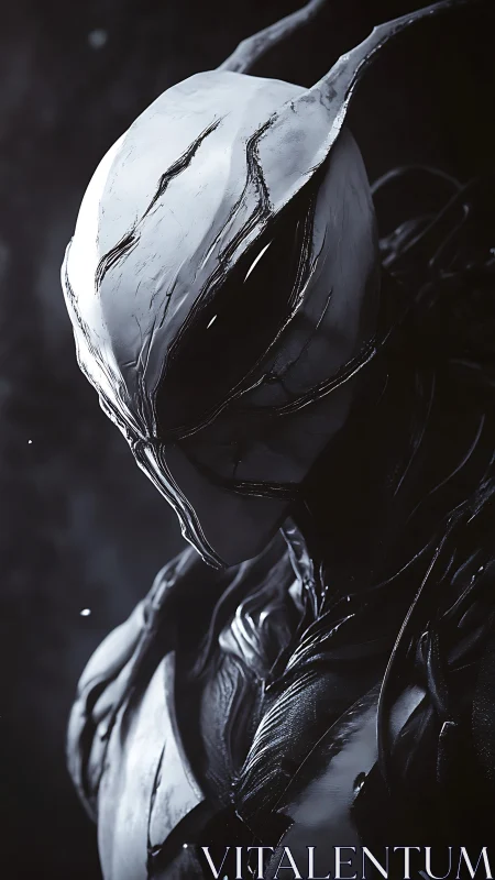 Armored shadow wraith in cracked porcelain helm stance.