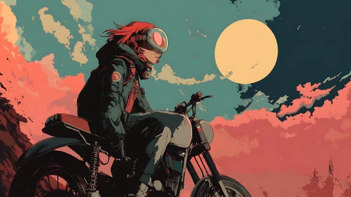 Motorcyclist under stylized dusk sky with bold cel-shaded palette