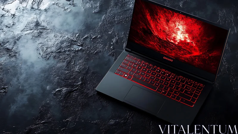 Midnight gaming laptop glowing with bold red energy.