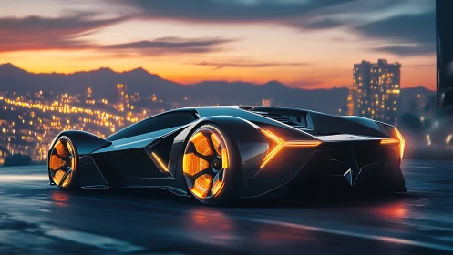 Futuristic supercar glows against neon city sunset skyline.