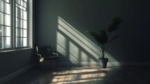 Empty corner room shows chair, plant and strong window light