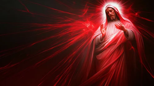 Radiant robed figure in red light with glowing halo aura.