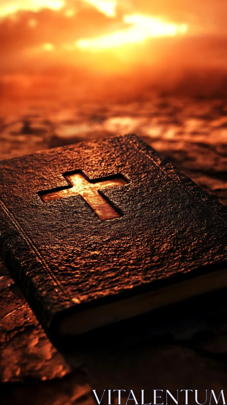 Textured leather Bible under intense backlit sunset illumination