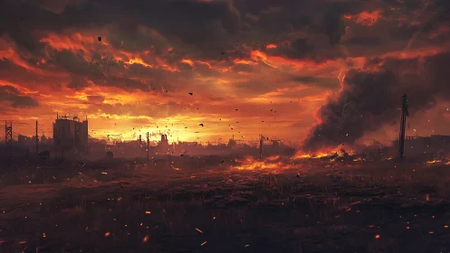 Burning post apocalyptic city under blazing ember sky.