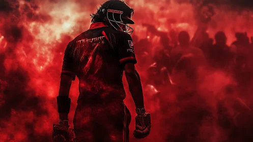 Cricket player silhouette in dense red atmospheric haze.