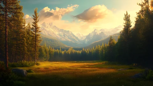 Sunlit alpine meadow opens toward distant snow peaks