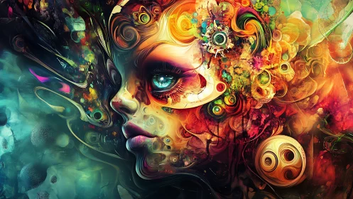 Psychedelic female visage rendered in swirling digital abstraction