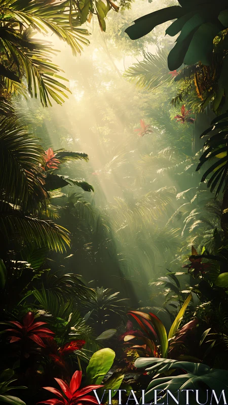 Sunlit jungle sanctuary with lush green leaves and blooms.